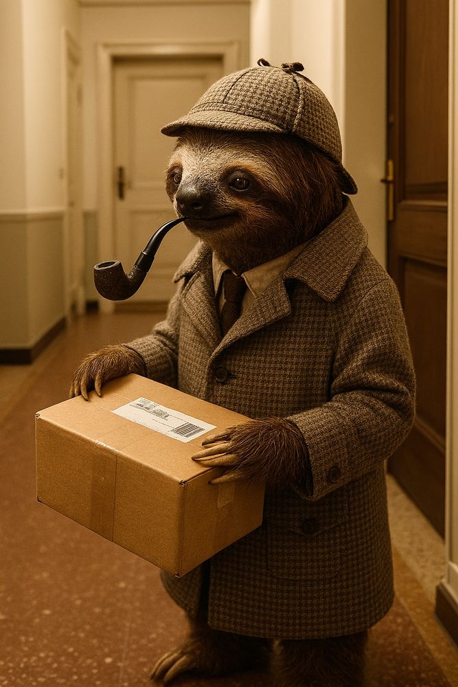 Ein KI-generiertes Bild von einem Faultier, welches in einem Sherlock Holmes-Outfit ein Paket in einem Hausflur untersucht 