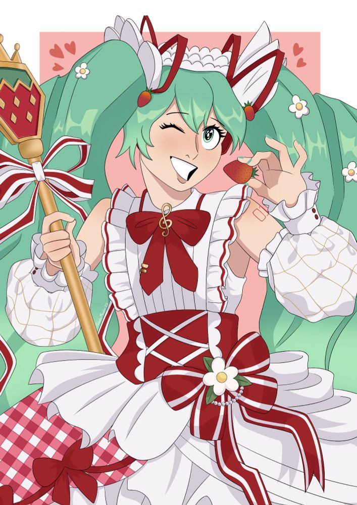 Illustration of the 15th Anniversary Strawberry Hatsune Miku design, she is winking and holding a strawberry with her left hand and the fork from the illustration with her right on top of a pastel pink background.