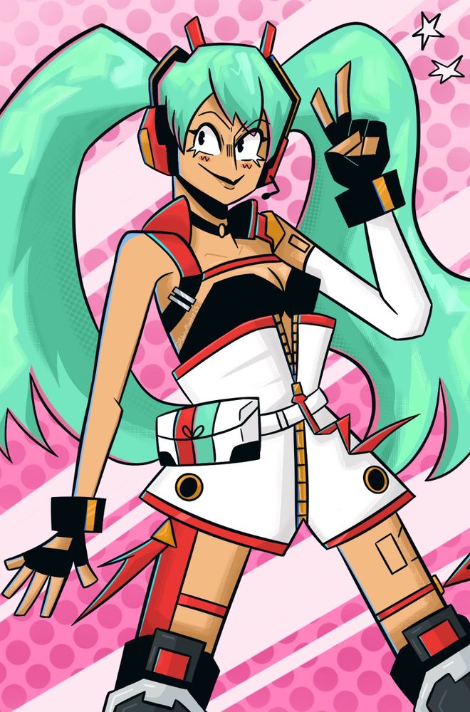 Illustration of Hatsune Miku in her 2020 racing outift on a pink background.