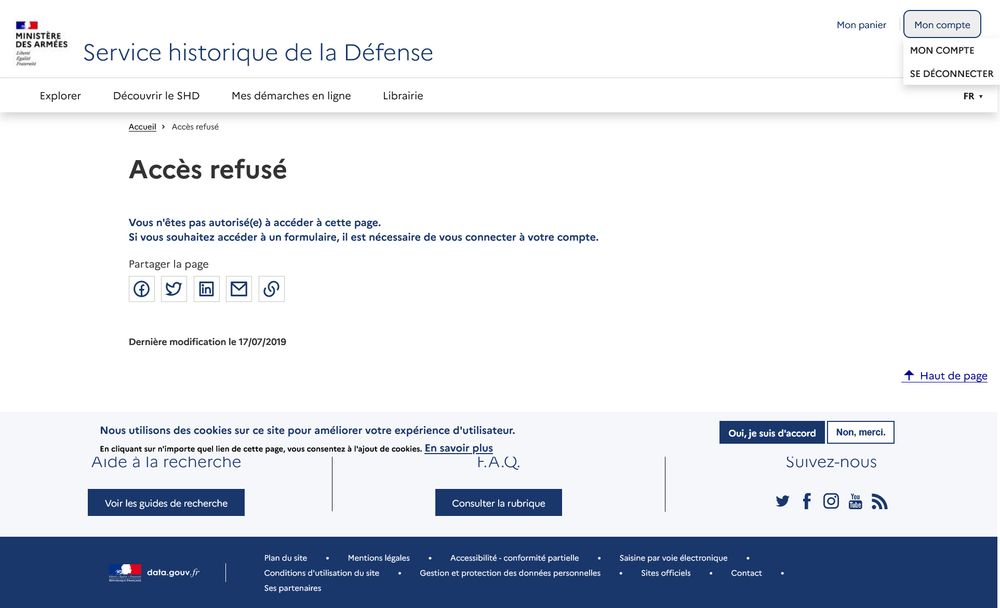 Une page de refus d'accès à des inventaires du Service Historique de la Défense 