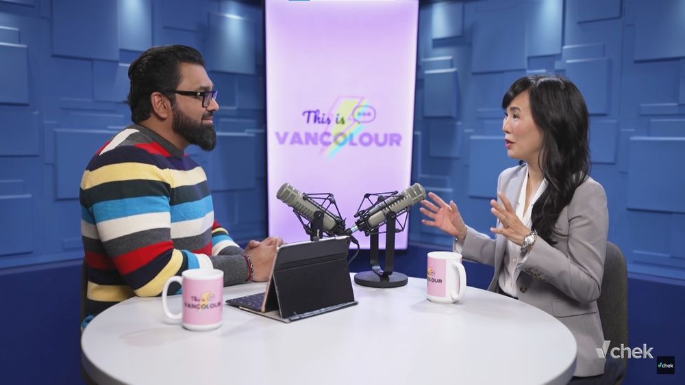 Melissa speaking in studio with This is VANCOLOUR host Mo Amir