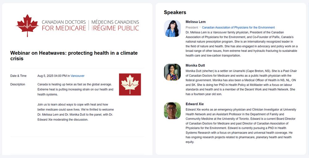 Screenshot of registration page for Canadian Doctors For Medicare's Webinar on Heatwaves: protecting health in a climate crisis