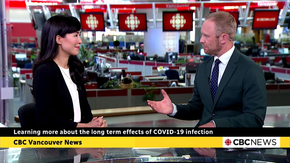 Melissa speaking about the long-term effects of COVID-19 infection on set with CBC Vancouver News at 6 anchor Dan Burritt