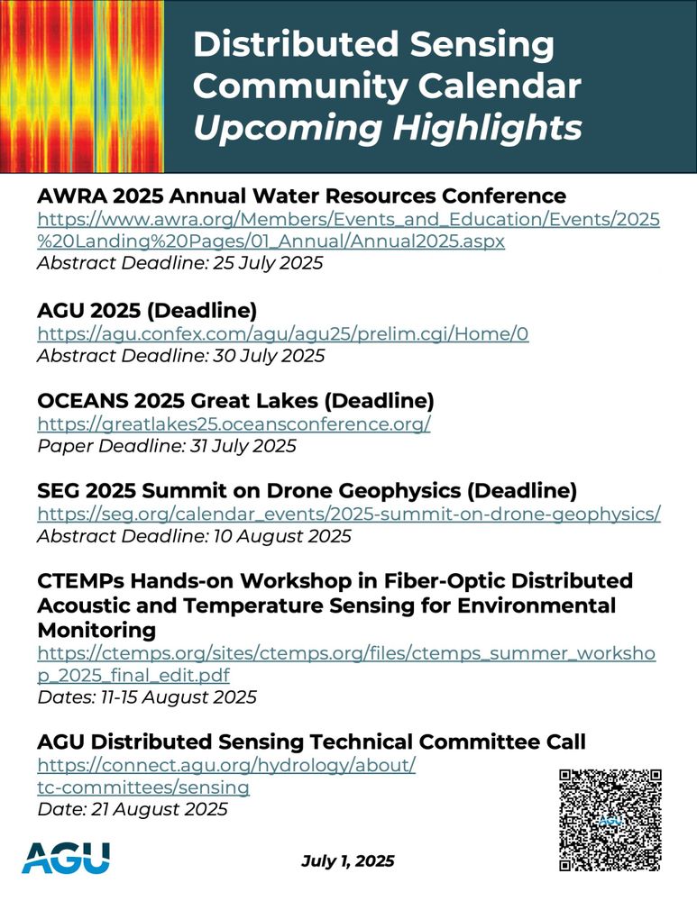 Distributed Sensing Community Calendar Upcoming Highlights

AWRA 2025 Annual Water Resources Conference 
https://www.awra.org/Members/Events_and_Education/Events/2025%20Landing%20Pages/01_Annual/Annual2025.aspx  
Abstract Deadline: 25 July 2025

AGU 2025 (Deadline)
https://agu.confex.com/agu/agu25/prelim.cgi/Home/0 
Abstract Deadline: 30 July 2025

OCEANS 2025 Great Lakes (Deadline)
https://greatlakes25.oceansconference.org/ 
Paper Deadline: 31 July 2025 

SEG 2025 Summit on Drone Geophysics (Deadline)
https://seg.org/calendar_events/2025-summit-on-drone-geophysics/ 
Abstract Deadline: 10 August 2025 

CTEMPs Hands-on Workshop in Fiber-Optic Distributed Acoustic and Temperature Sensing for Environmental Monitoring
https://ctemps.org/sites/ctemps.org/files/ctemps_summer_workshop_2025_final_edit.pdf 
Dates: 11-15 August 2025

AGU Distributed Sensing Technical Committee Call 
https://connect.agu.org/hydrology/about/tc-committees/sensing 
Date: 21 August 2025
