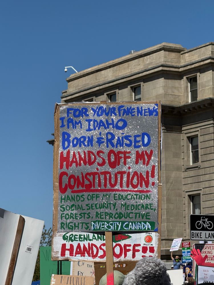 silver glitter protest sign:

for your fake news 
i am idaho born and raised
hands off my constitution
hands off my education, social security, medicare, forests, reproductive rights, diversity, canada, greenland HANDS OFF