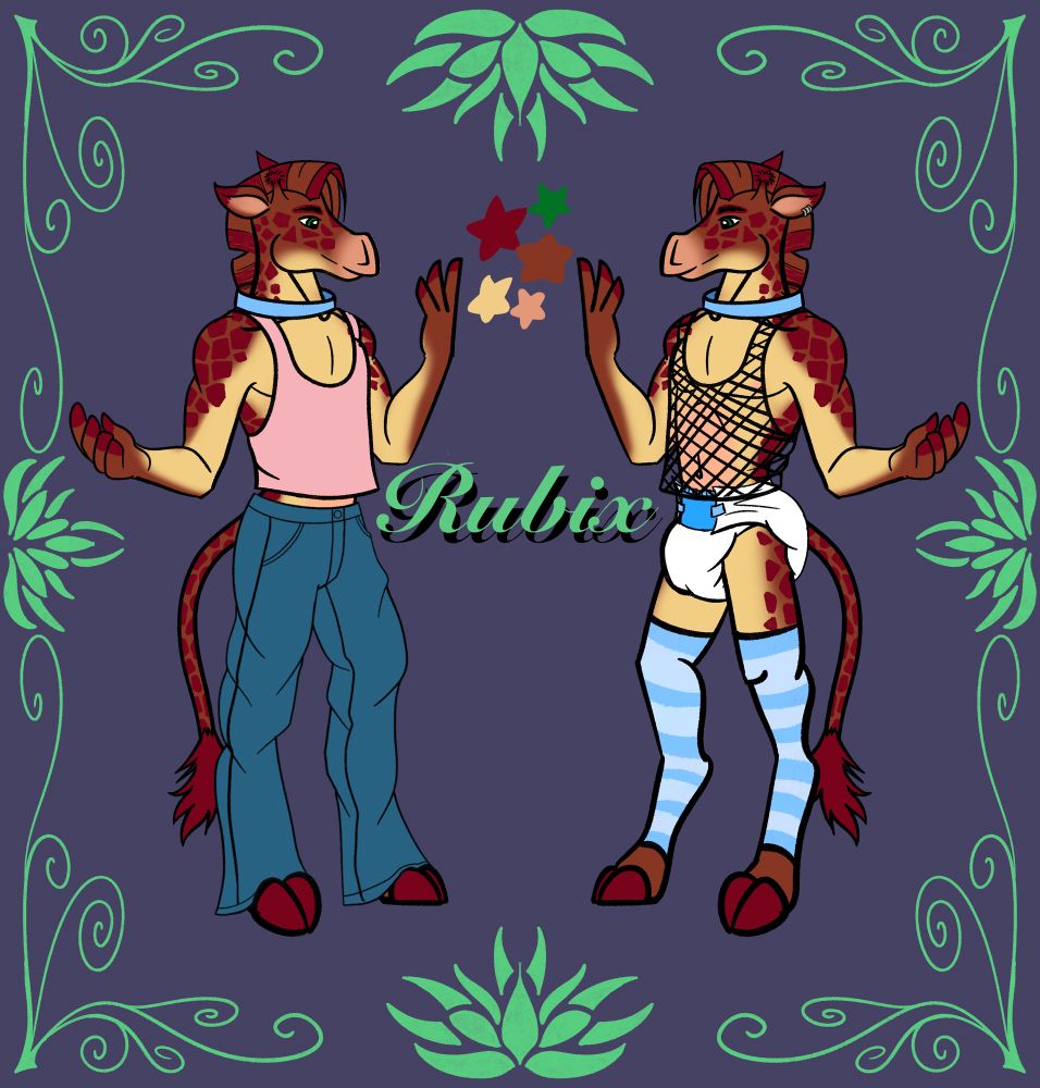 An anthro giraffe standing with a mirrored pose wearing two outfits. One casual the other fetish. Features diapers. 