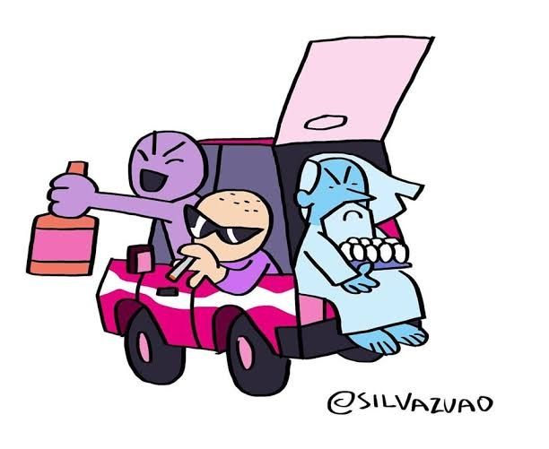 Desenho do Silva João com pessoas bebendo e fumando no carro e Deus carregando uma caixa de ovos no porta-malas.