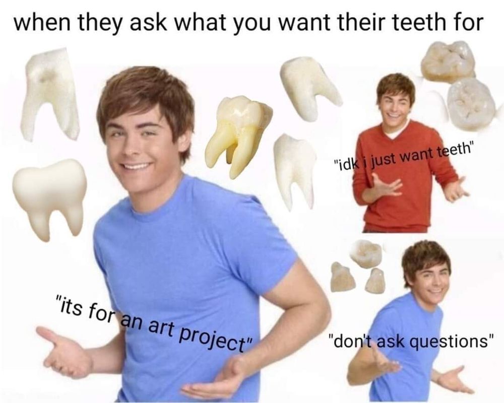 Zac Efron, young Disney channel guy shrugging surrounded by images of teeth. 