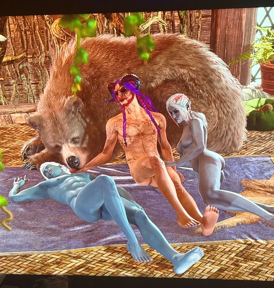 Foursome including halsin in his bear form, two drow a male and female, and a human looking tiefling cuddling after the events of their pleasure 