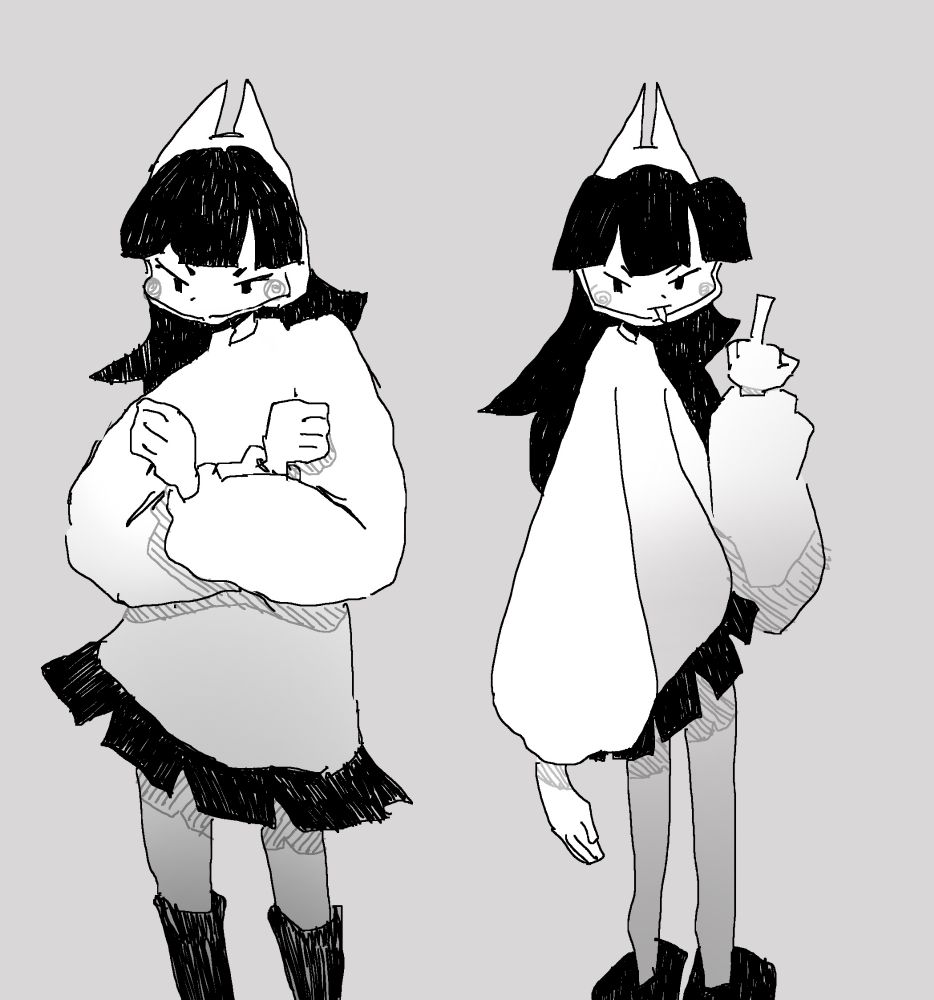 Two girls wearing horned hoods are staring at you judgingly. One is crossing her arms, the other one is flipping you off. The both of them are the same girl, wearing a big sweater which her long dark hair flows behind, and a short skirt. 
