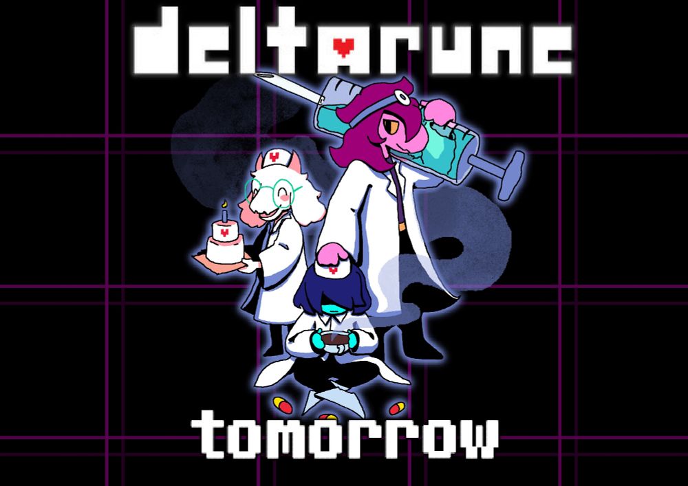The three main characters from Deltarune, Kris, Ralsei and Susie dressed in doctor costumes. The text deltarune tomorrow is plastered on top.
