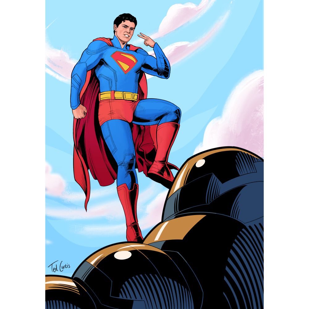 David Corenswet's Superman floating in the sky above the giant robotic 'Fist of Bovaria', pointing at his eyes as if to say, "Eyes up here."