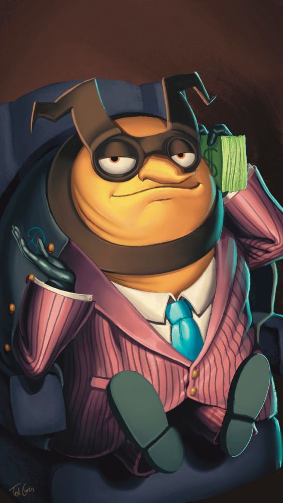 Digital painting depicting Capital B sat in a chair holding money up to his head like a telephone