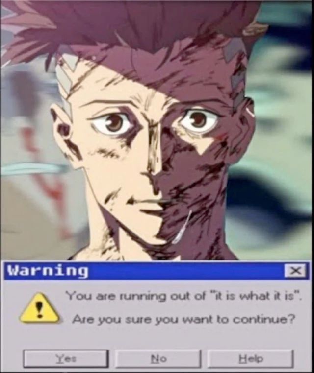 Warning
/!\ You are running out of "it is what it is".
Are you sure you want to continue?
[Yes] [No] [Help]