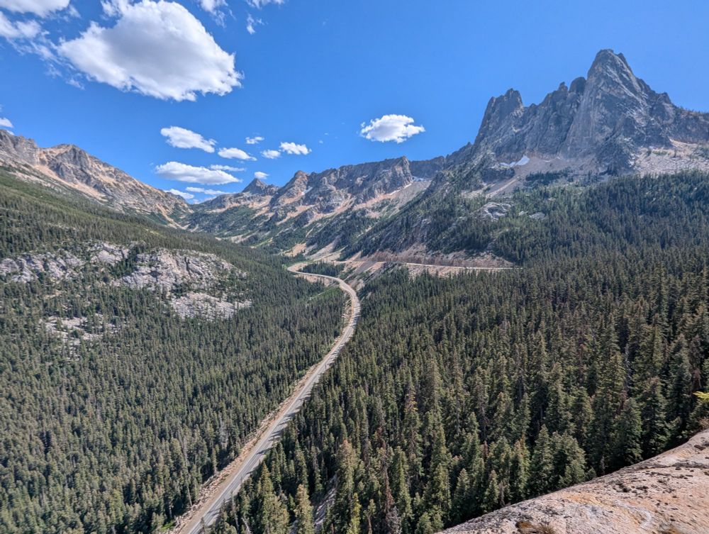 Road curving around the trees of Washington Pass