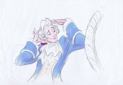Concept Art pour Gaston, un noble à la perruque poudrée et mouche sur la joue qui se regarde dans un miroir avec assurance 