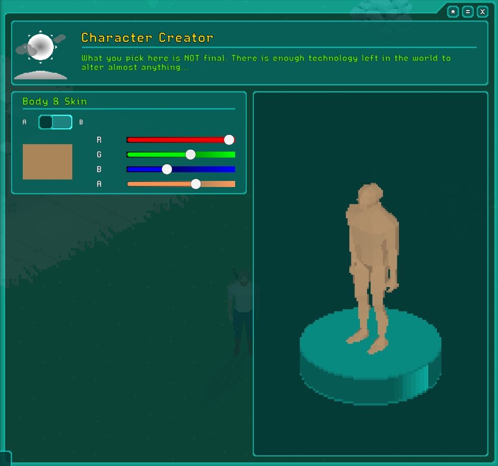 A character creator in a 2d pixelart game. It shows a character on a platform with a body and skin picker to the left.