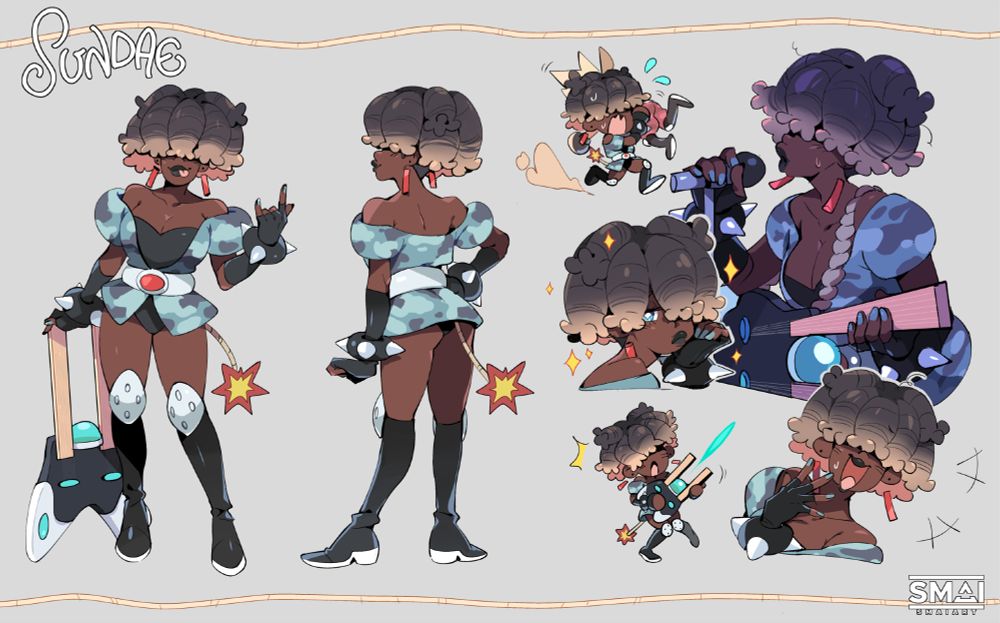 Sundae, part of a band/bounty hunter duo known throughout the galaxy as DYNAMIGHT!
Her double-neck guitar acts as a laser.