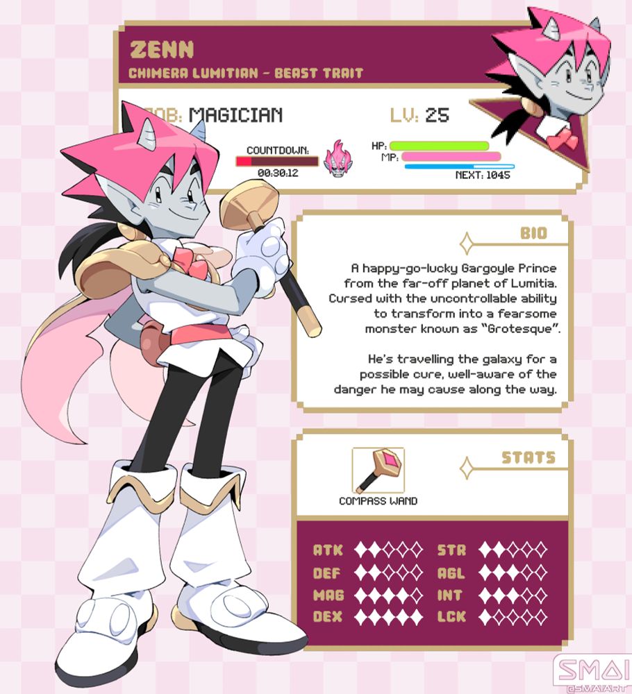 A JRPG Status Screen for Zenn - the main character. He's a pink spiky spiky-haired Gargoyle Magician - wielding a wand that also acts as a compass.

His Bio reads: "A happy-go-lucky Gargoyle Prince from the far-off planet of Lumitia. Cursed with the uncontrollable ability to transform into a fearsome monster known as “Grotesque”.
He's travelling the galaxy for a possible cure, well-aware of the danger he may cause along the way."