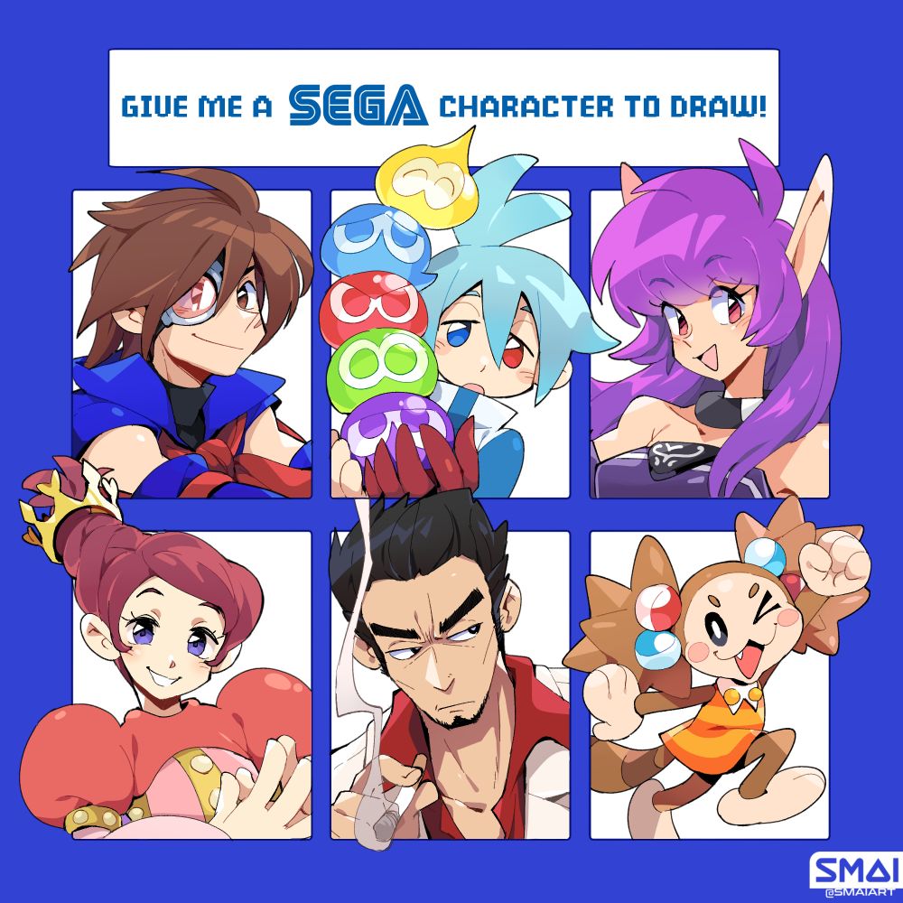 A sheet of 6 SEGA characters, requested by people on bluesky!
List of characters from left to right: 
Vyse from Skies of Arcadia. Sig from Puyo Puyo. Nei from Phantasy Star II. Poach from Napple Tale. Kazuma Kiryu from Like a Dragon/Yakuza. YanYan from Super Monkey Ball.
