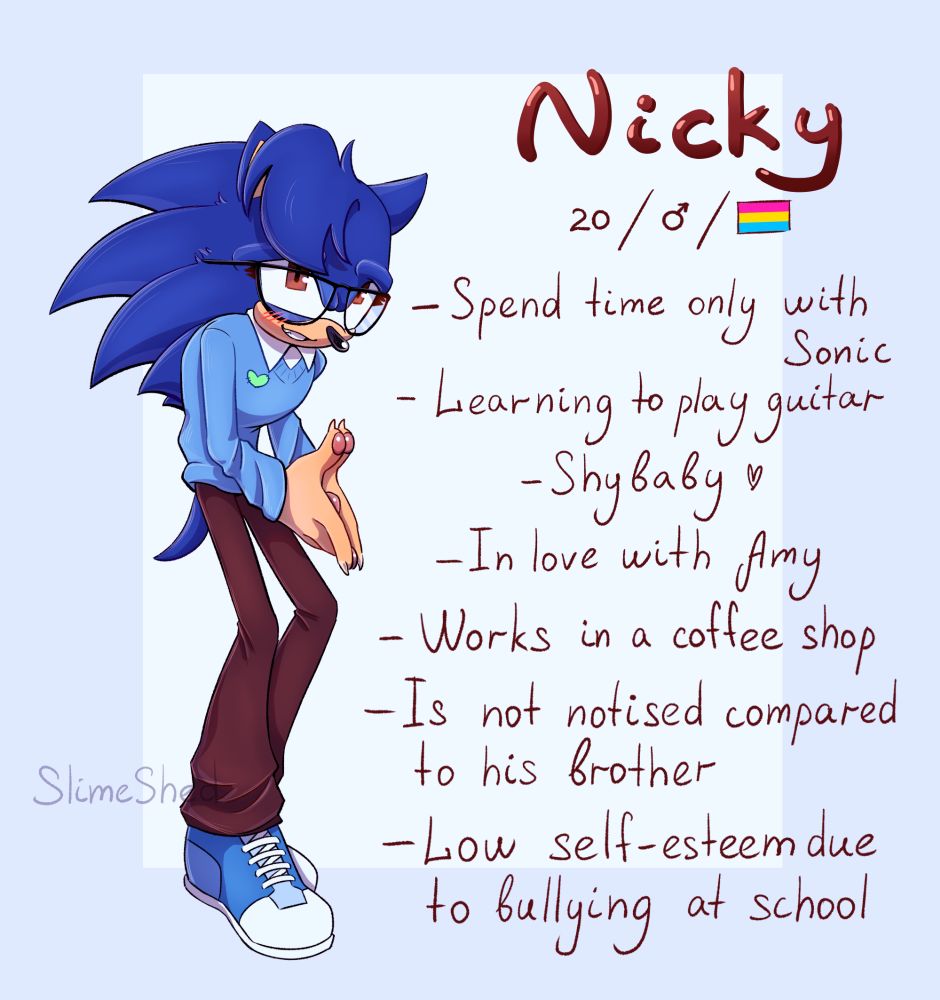 - Spend time only with Sonic
- Learning to play guitar 
- Shybaby
- In love with Amy
- Works in a coffee shop
- Is not notised compared to his brother
- Low self-esteem due to bullying at school 