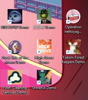 captures d'écran de 8 icônes de jeux: 
Discopup, un jeu écrit en japonais, Opération Nettoyage, Duck Side of the Moon, High Abive, Tukoni Forest, Poof! Cleaning Service et Shinehill !