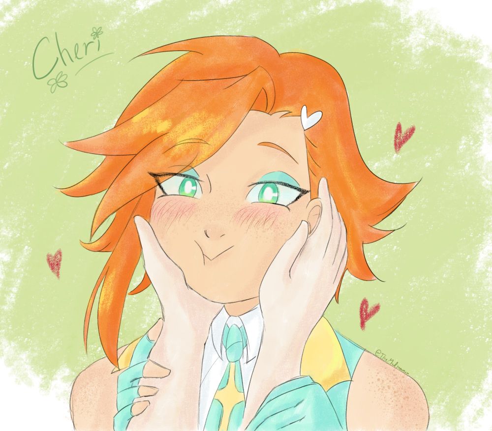 POV artwork of Cheri from Repurpose with her face squished in her partner's hands