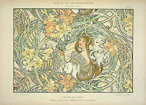 Color lithograph Langage des Fleurs (Language of Flowers) by Alphonse Mucha (1900)
