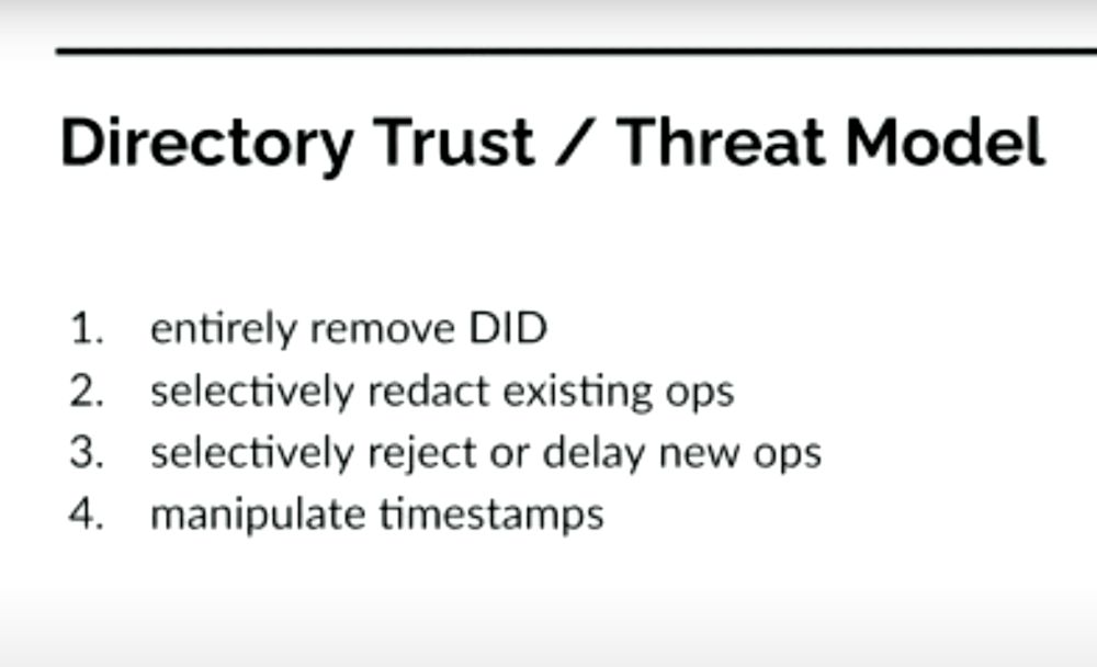 threat model: DID removal, censorship or existing or new ops, timestamp manipulation