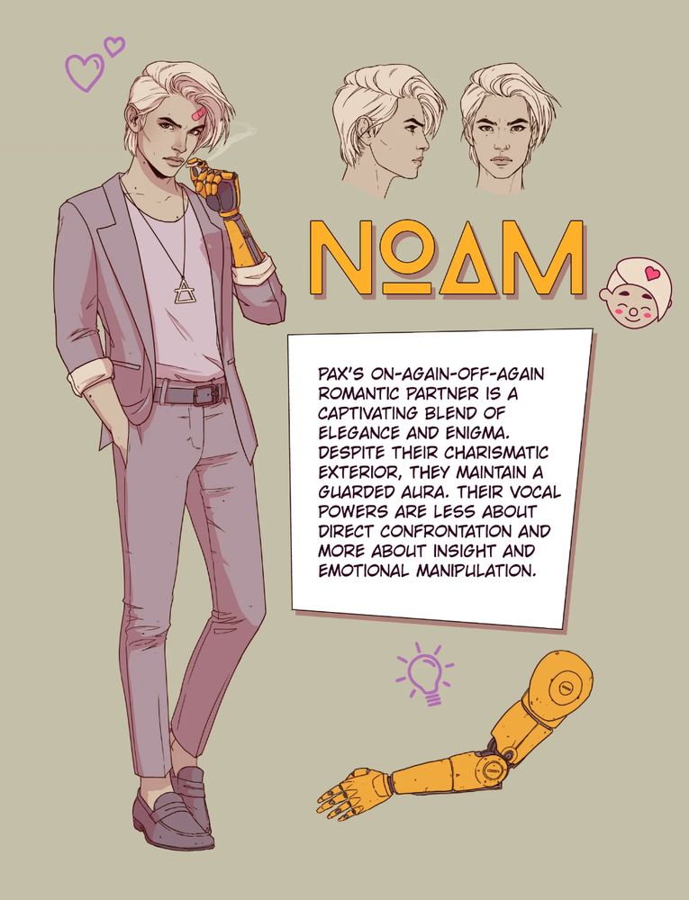 Concept art of Noam; a non-binary character from the game Dustborn. Noam is portrayed as suave and fashionable, with bleached hair, a tan suit, and a robot arm.