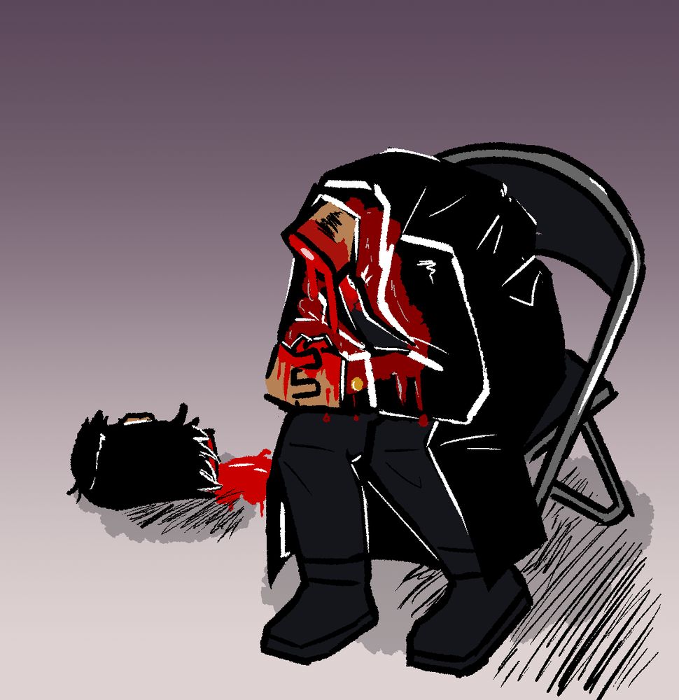 An image of Katana Man from chainsaw man sitting on a chair. It is a reference to the shinji sitting chair image; the one where shinji sits in a chair with his head down and arms folded. Katana man is decapitated with his head rolling away from his body as he bleeds profusely from his neck.