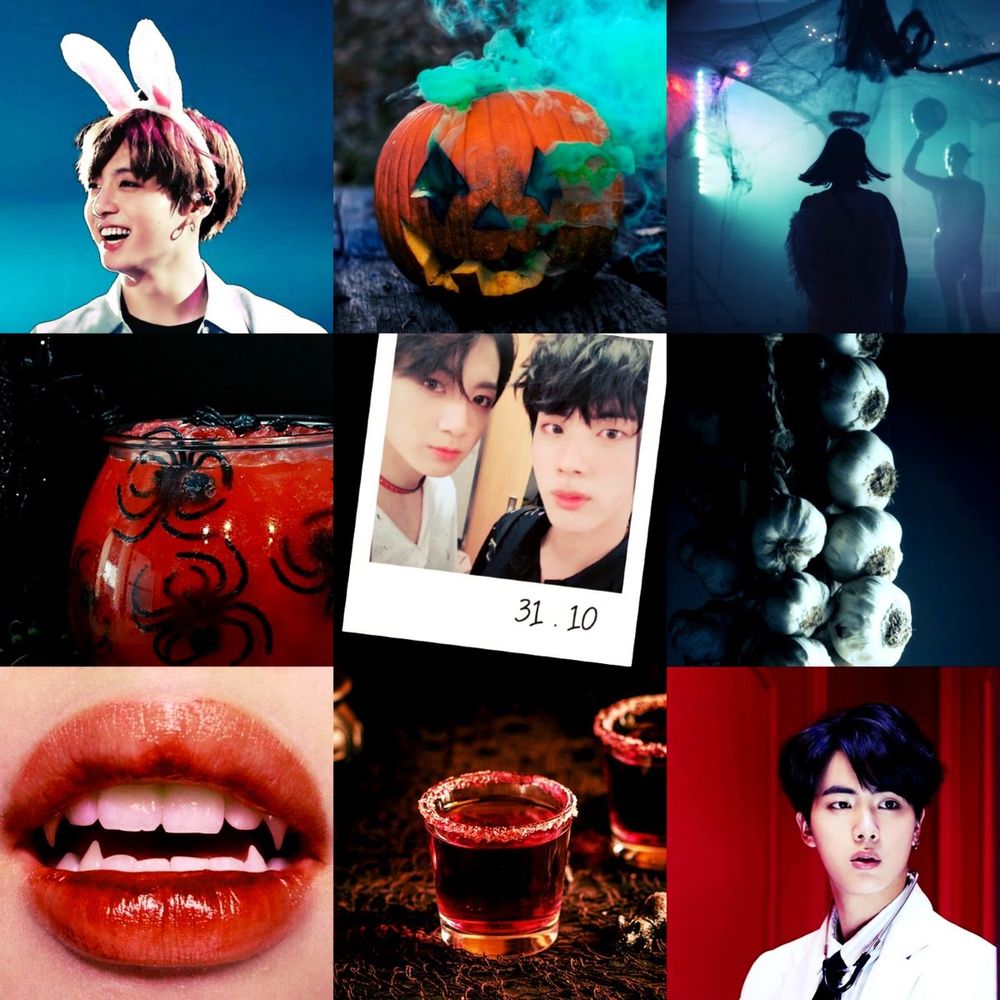 Mood for fic: images include Jungkook with a bunny ears hairband, a carved pumpkin with green smoke leaking out of the holes, a dark room with a party, a bowl of punch with spiders on it, a selca of Jinkook on a polaroid with ‘31.10’ written on it, a bunch of garlic, a close up of a vampire’s fangs, a shot glass with red liquid, and Seokjin dresses as a doctor (from DOPE MV). 