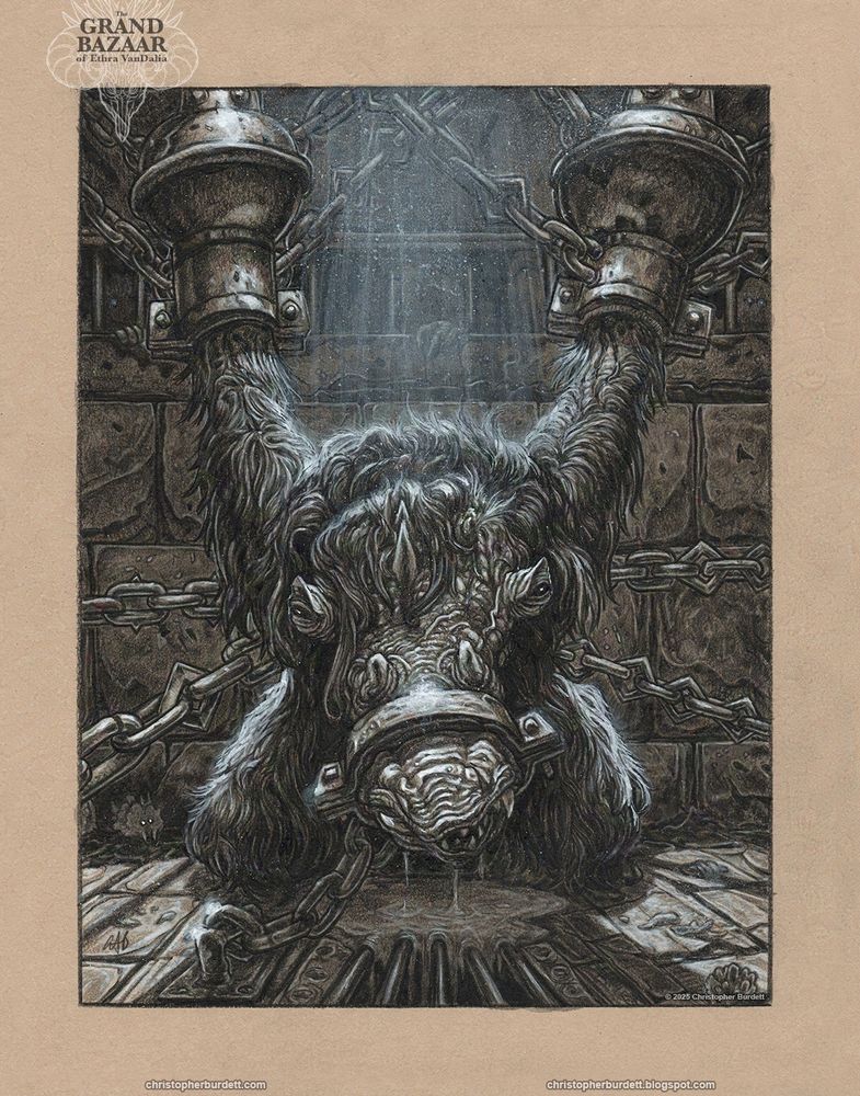 A Woofettes, a large, muscular being covered in long dark hair. Woofettes have three legs, two arms, and a long head that is mostly mouth lined with teeth. This Woofettes is on its knees facing the viewer. His arms are pulled back with his hands encased in iron restraints. Chains pull tightly on the hand restraints, waist, chest, and a large chained restraint wraps about his mouth. Light pours in from above while figures shift in the shadow beyond the cell, the Woofetts in impresioned. A grating on the floor collects the constant stream of saliva that pours from his mouth. 