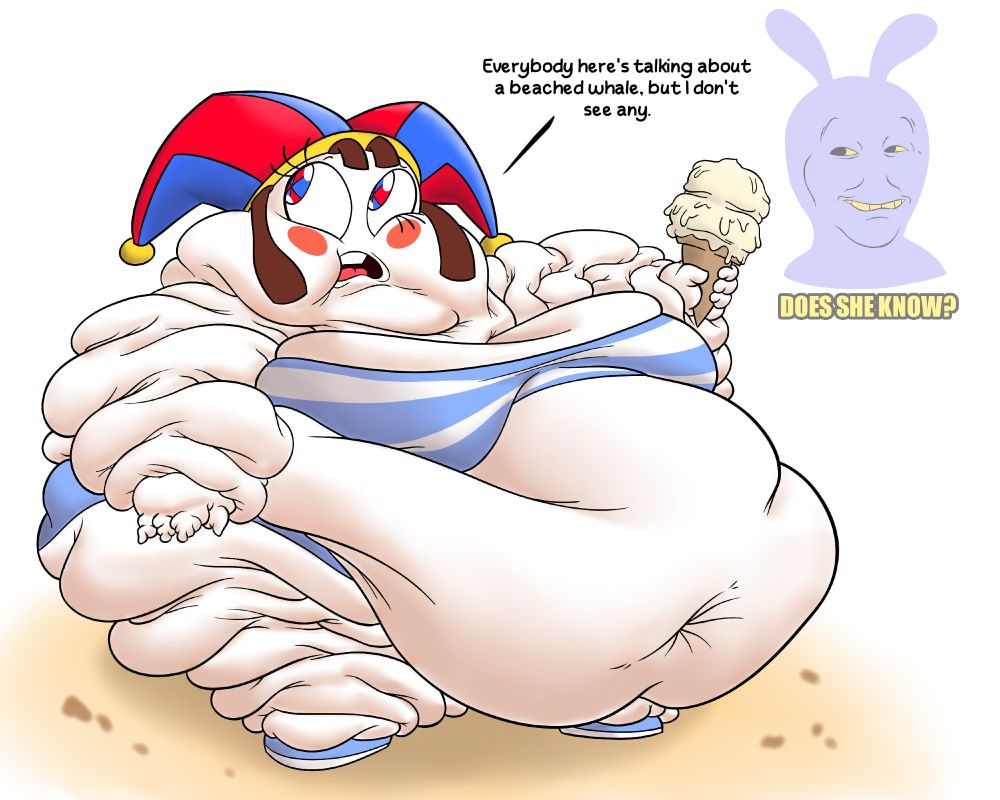 A drawing I made of an SSBBW Pomni at the beach, with her beach outfit. She is saying "Everybody here's talking about a beached whale, but I don't see any".

Jax's face is there at the top right, referencing the "Does He Know?" meme of a thumbnail for a film theory in which The Riddler from the 2022 Batman movie has a similar face.