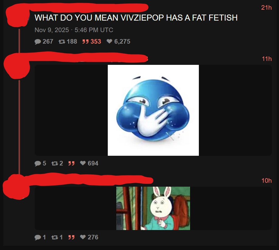 Turns out, the original accuser of Vivziepop having a fat fetish was just trolling. The two subsequent tweets below the accusation reference the "When I spread misinformation on the Internet" meme and the notorious Arthur meme "You really think someone would do that? Just go on the Internet and tell lies?"