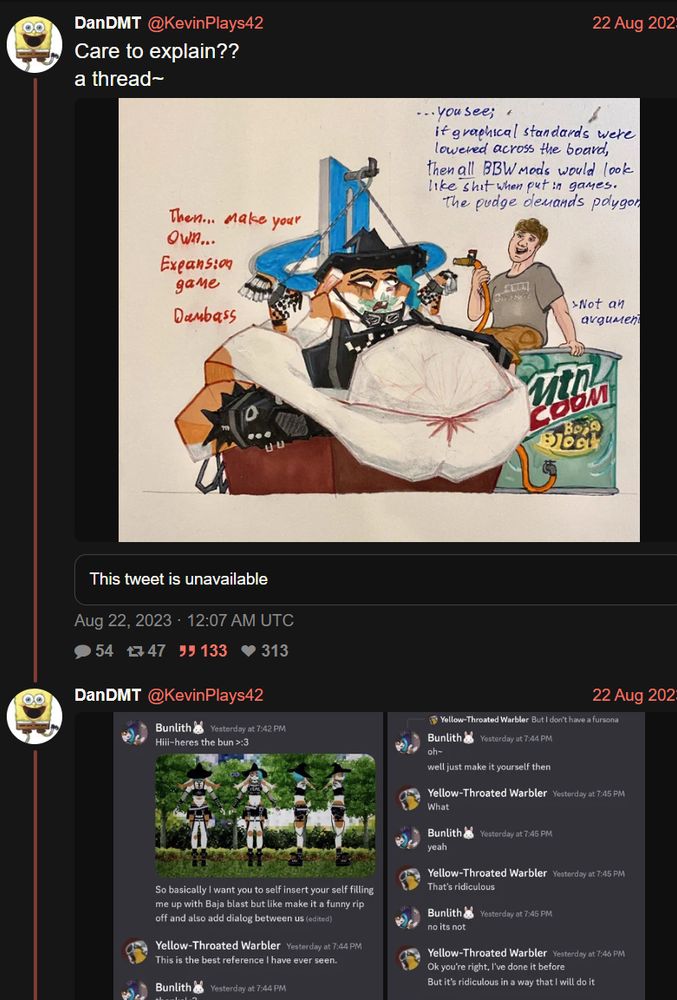 A thread by one of Warbler's friends, @KevinPlays42 on Twitter, of them faking the allegation that Bunlith had commissioned Warbler fat fetish art of her sona and being rude to Warbler. This is the source of the whole "bunlith fat fetish" controversey.