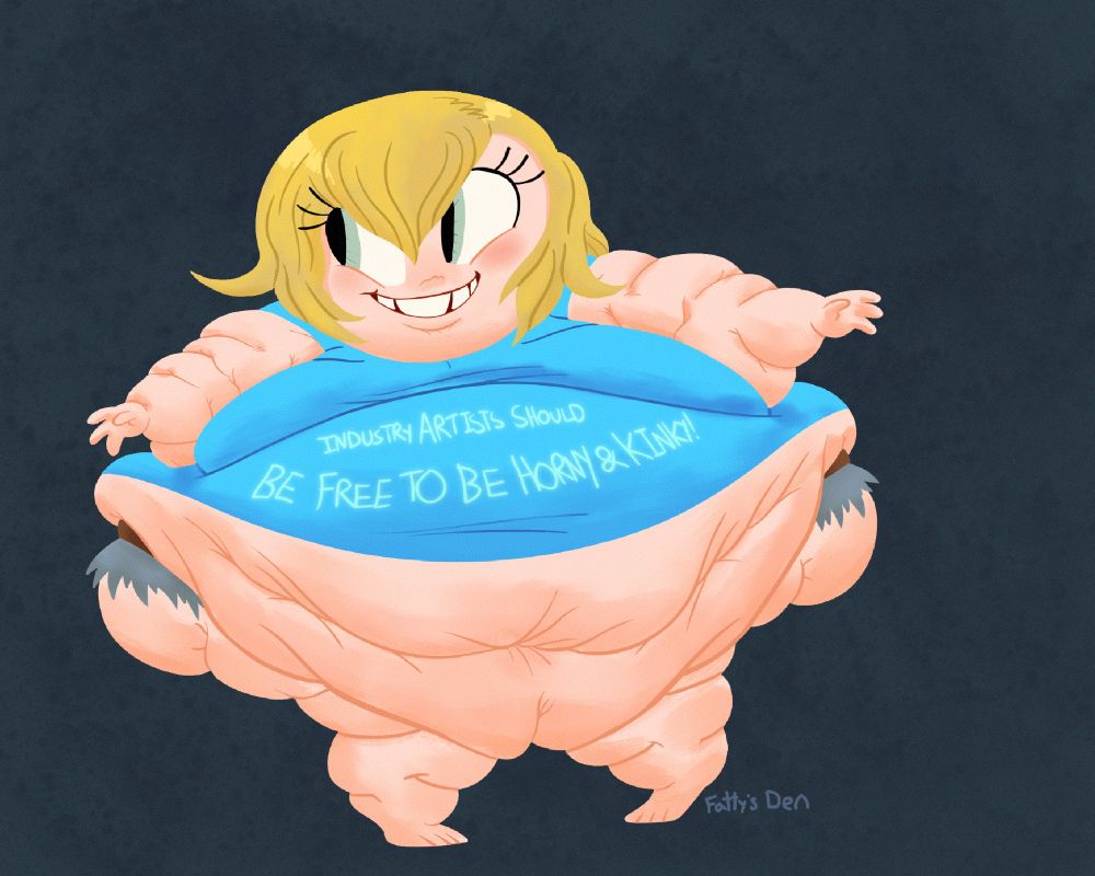 A drawing I made of a fat cartoony gal with a shirt that states "INDUSTRY ARTISTS SHOULD BE FREE TO BE HORNY & KINKY!" in all caps. The art style is akin to paintings with the coloring and background.