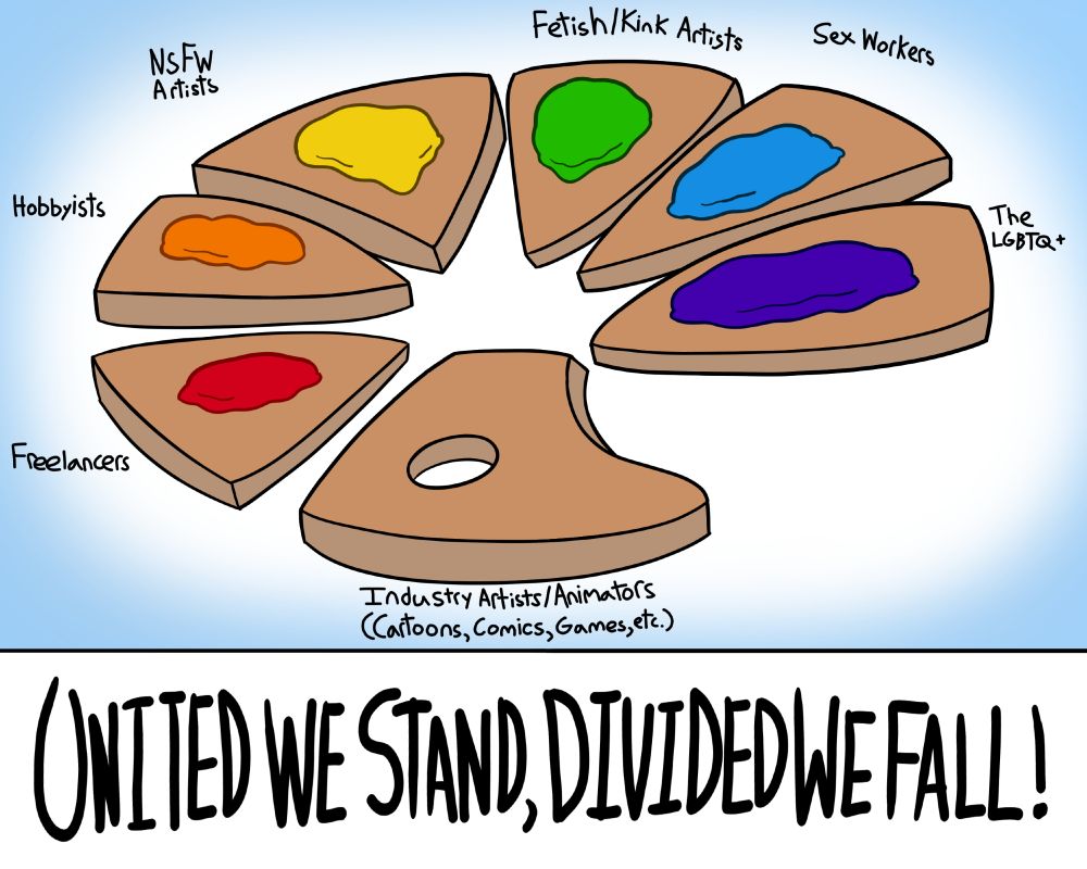 A political cartoon I drew of a canvas split into 7 pieces, each representing "Industry Artists/Animators (Cartoons, Comics, Games, etc.)", "Freelancers", "Hobbyists", "NSFW Artists", "Fetish/Kink Artists", "Sex Workers", and "The LGBTQ+".

The bottom label reads "UNITED WE STAND, DIVIDED WE FALL!"