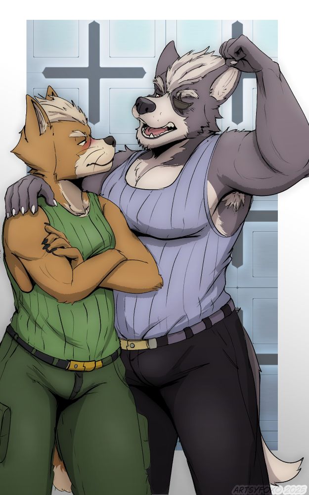 Fox, cross armed, blushing and  frowning, looking up at Wolf flexing and talking

#furry #furryart #FoxoArt #art #StarFox 