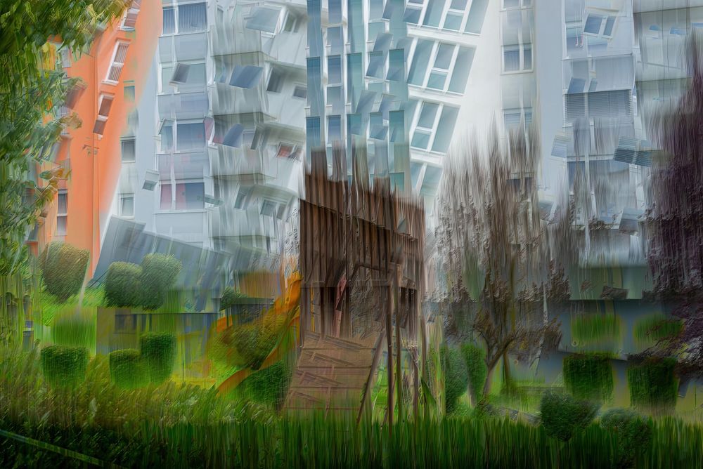 Blended 3 ICM shots of a nearby apartment complex to create this 'layered reality'. 