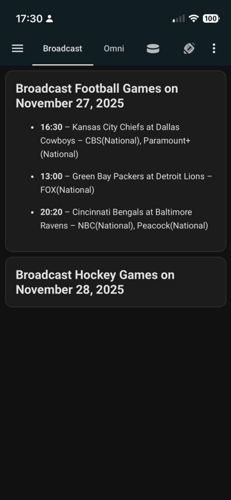 a screenshot of a home assistant dashboard showing three football games and no hockey games because NHL doesn’t have many broadcast games