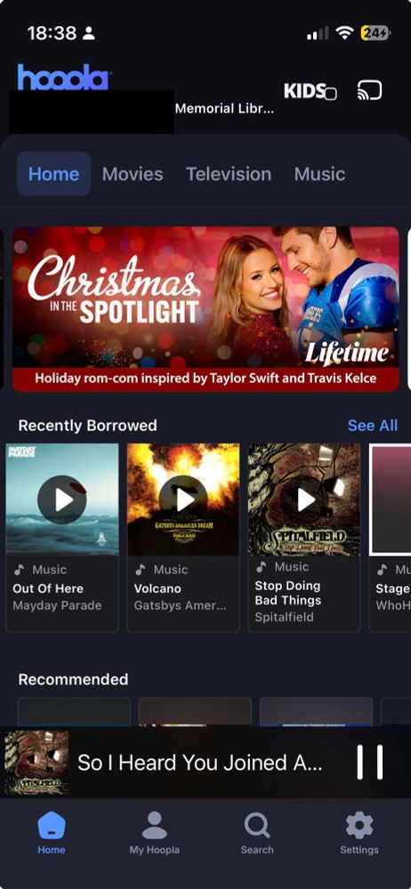 picture of a hoopla home page advertising a Christmas movie with the tagline “holiday rom-com inspired by Taylor swift and Travis kelce”