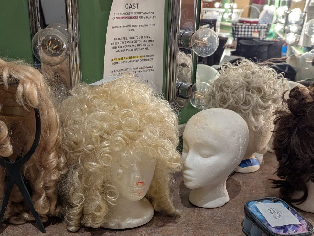 A row of wigs