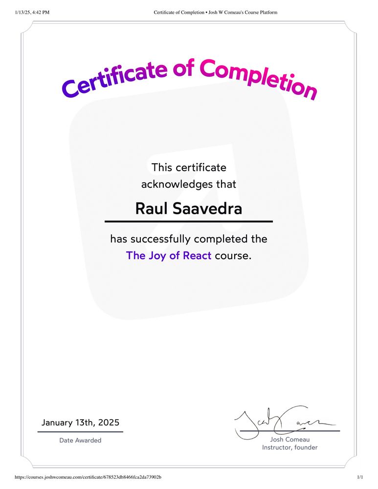Joy of React certification