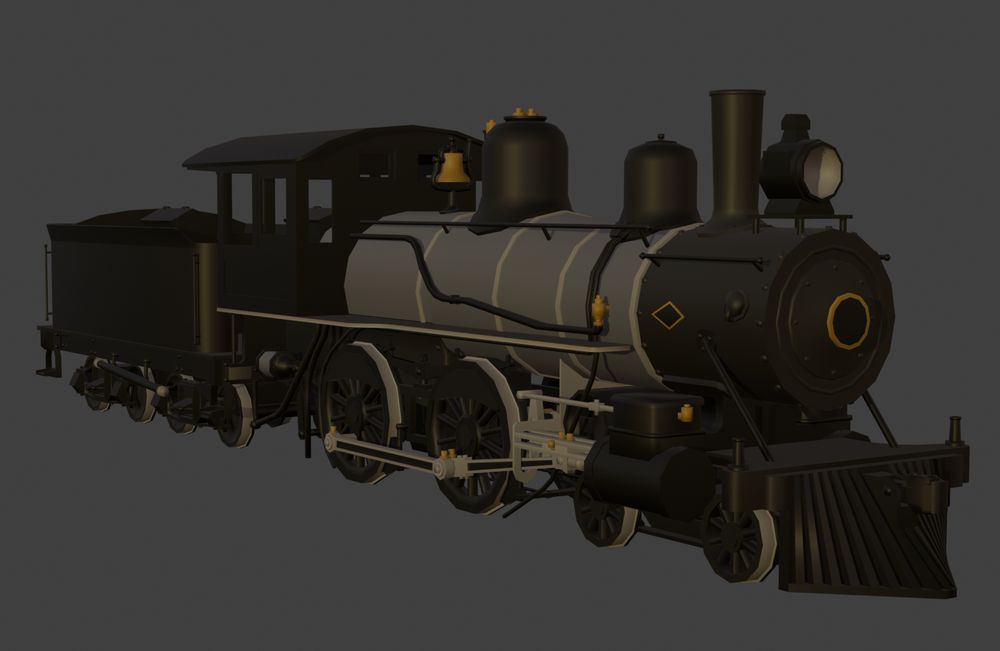 3D model of a steam locomotive, specifically a 4-4-0 with glossy black paint and a shiny Russian Iron boiler jacket, based on a design used by the Maryland & Pennsylvania Railroad.