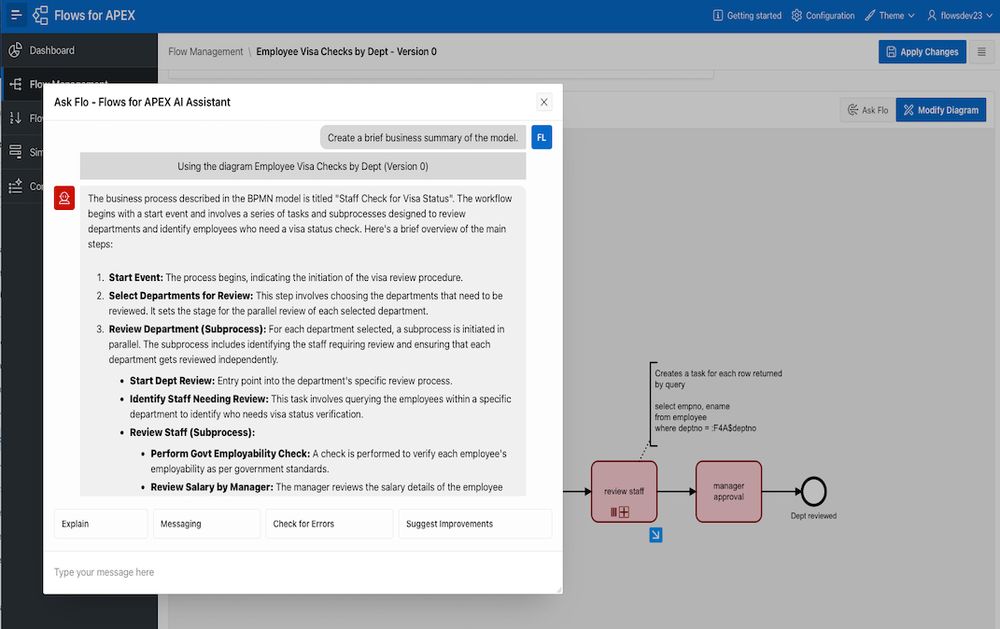Flows for APEX BPMN diagram with text explanation of business process provided by Ask Flo AI assistant