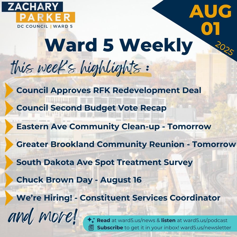 Ward 5 Weekly - August 1, 2025

this week's highlights - 
Council Approves RFK Redevelopment Deal
Council Second Budget Vote Recap
Eastern Ave Community Clean-up - Tomorrow
Greater Brookland Community Reunion - Tomorrow
South DakotA Ave Spot Treatment Survey
Chuck Brown Day - August 16
We're Hiring! - Constituent Services Coordinator