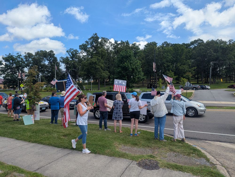 A group of protesters standing in a row on a sidewalk, carrying signs and American flags as cars pass by