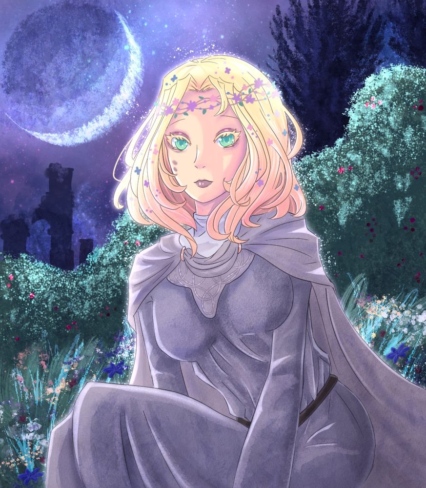 Digital art of my OC as my tarnished from Elden Ring. She’s sitting in the grass surrounded by flowers at nighttime.