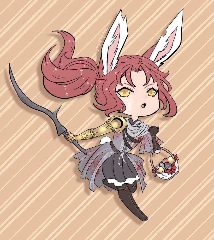 Digital art of Millicent drawn in a chibi style. She’s holding her shamshir and an an Easter basket full of eggs. She also has bunny ears and a little tail. 